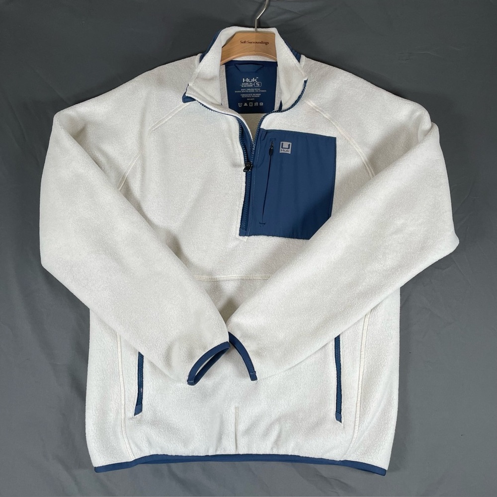 Huk Fleece Sweatshirt Men’s Small Long Sleeve White 1/2 Zip Activewear Fishing
